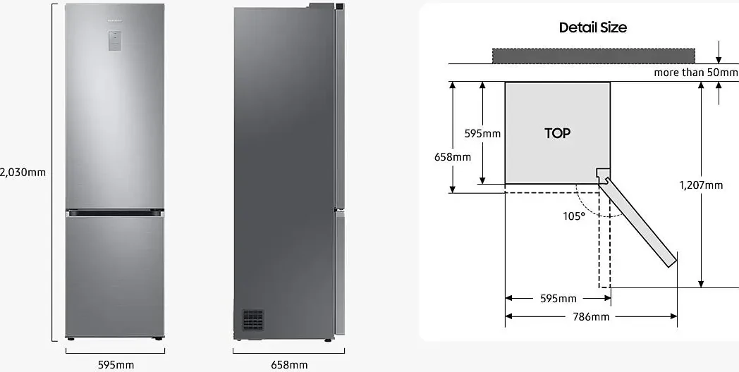 Samsung RB38C600DSA külmiku mõõtude skeem paigaldamiseks