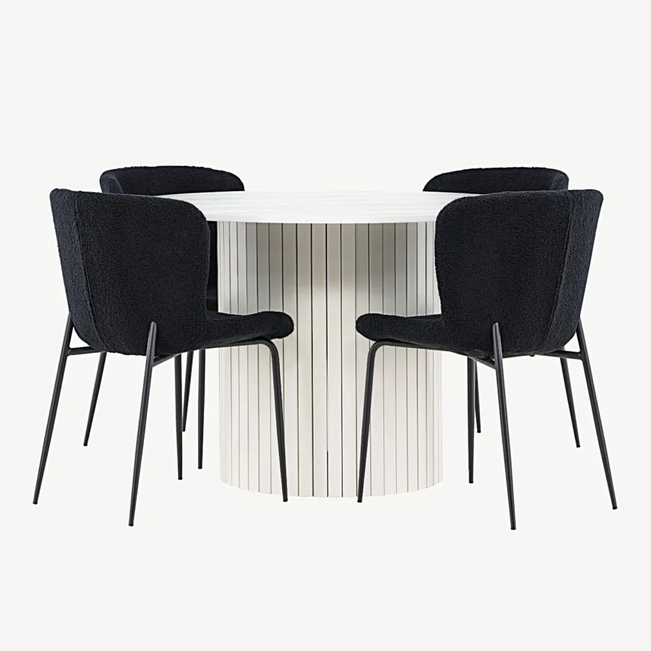 Valge ümmargune söögilauakomplekt Härön lauaga ja musta bukleekangaga Modesto toolidega, GR24416