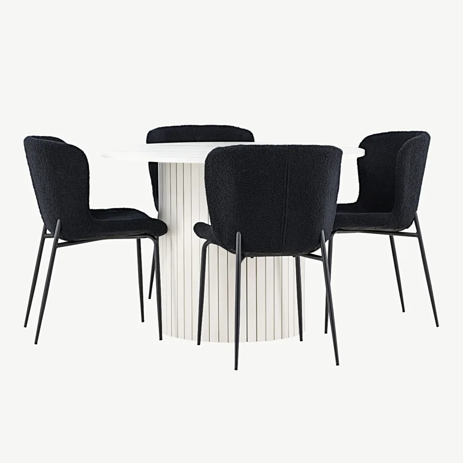 Valge ümmargune söögilauakomplekt Härön lauaga ja musta bukleekangaga Modesto toolidega, GR24416 – 2