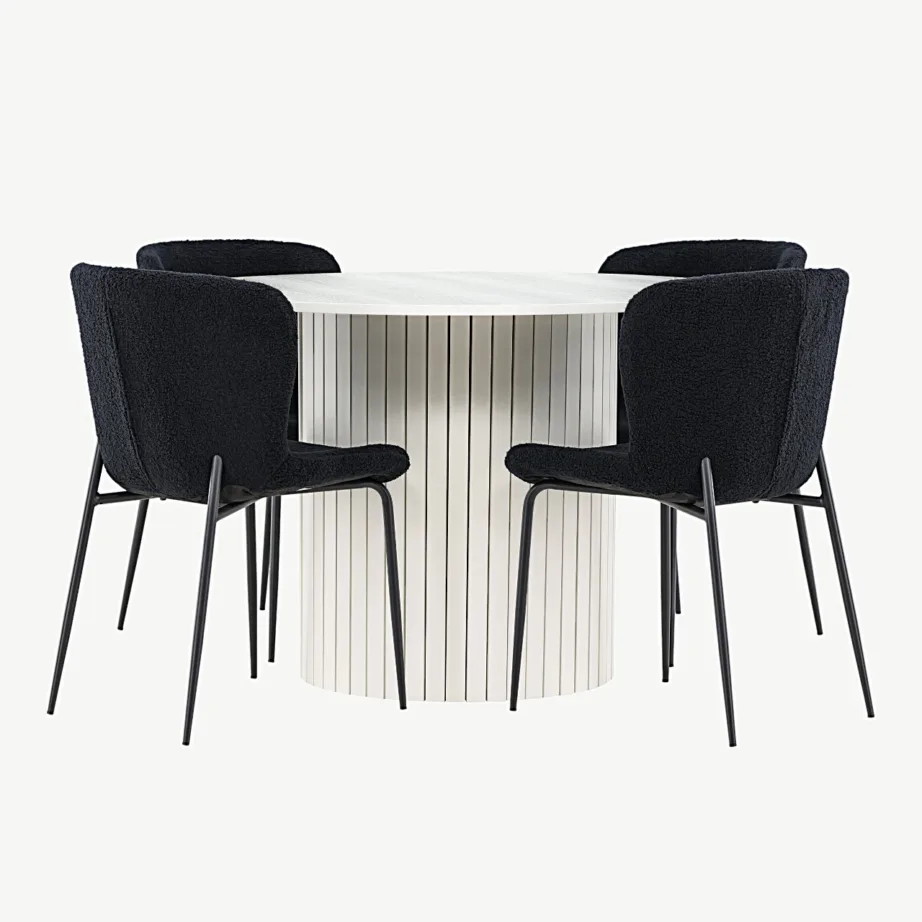 Valge ümmargune söögilauakomplekt Härön lauaga ja musta bukleekangaga Modesto toolidega, GR24416 – 4