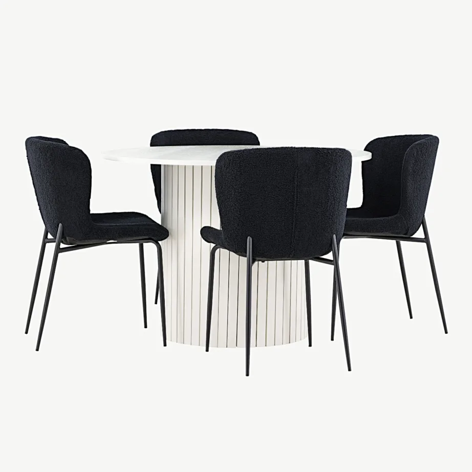 Valge ümmargune söögilauakomplekt Härön lauaga ja musta bukleekangaga Modesto toolidega, GR24416 – 5