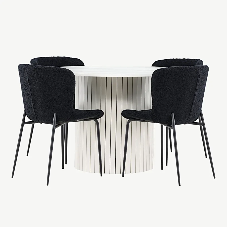Valge ümmargune söögilauakomplekt Härön lauaga ja musta bukleekangaga Modesto toolidega, GR24416 – 7