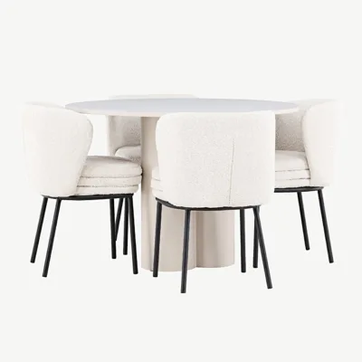 Ümmargune beež MDF söögilaud Olivia ja valge buklee söögitool Agnes (4 tk) - GR24438