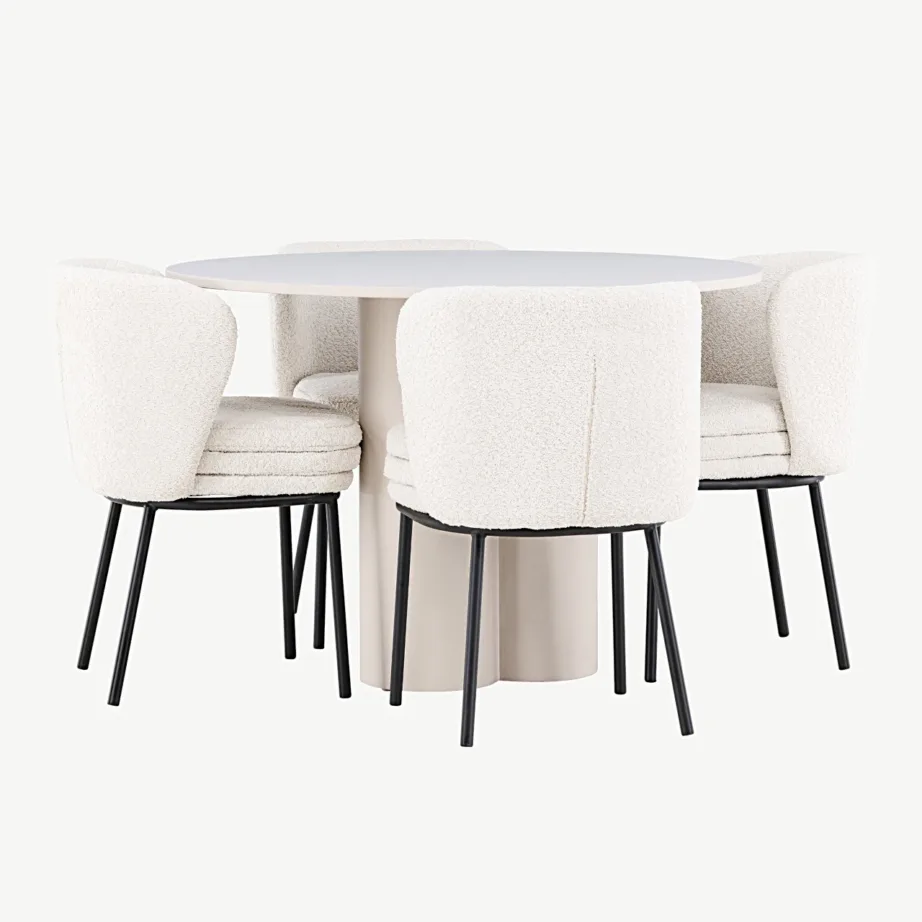 Ümmargune beež MDF söögilaud Olivia ja valge buklee söögitool Agnes (4 tk), GR24438