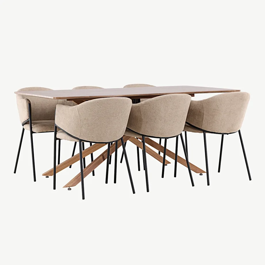 Piazza mokkatoonis söögilaud ja beežid polsterdatud Evelina toolid, GR24514 – 6