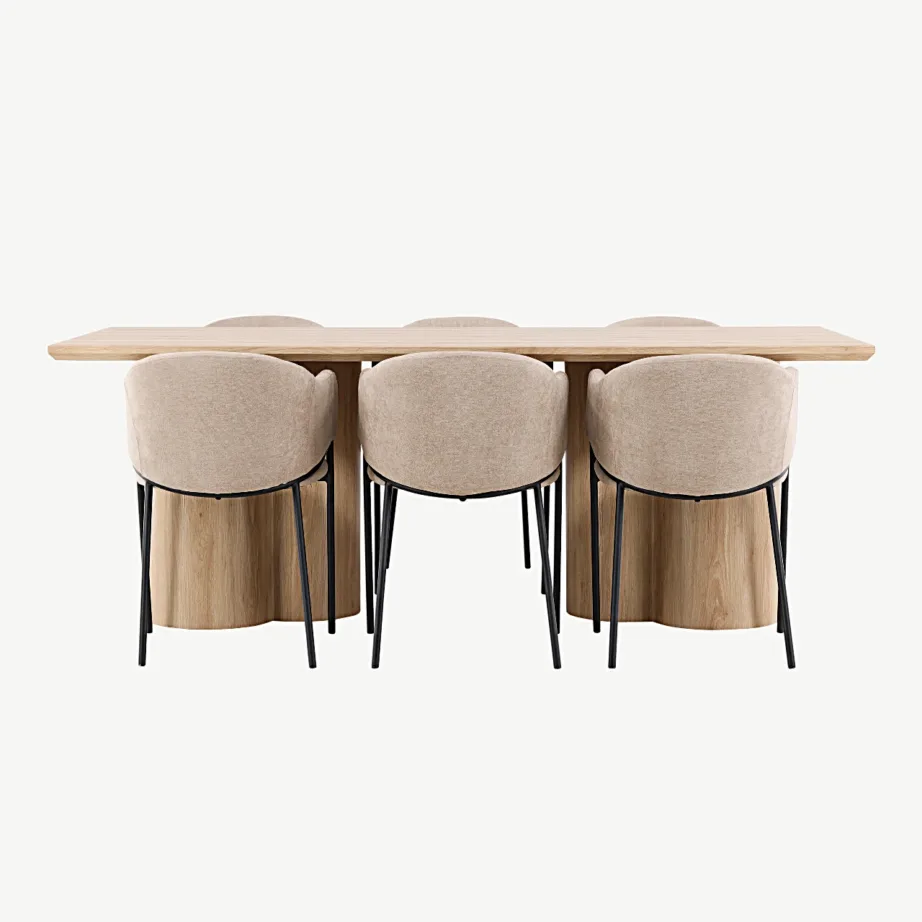 Olivia söögilaud (looduslik MDF) koos Evelina söögitoolidega (beež polüesterlinane, teraskarkass), GR24544 – 2