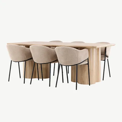 Olivia söögilaud (looduslik MDF) koos Evelina söögitoolidega (beež polüesterlinane, teraskarkass) - GR24544