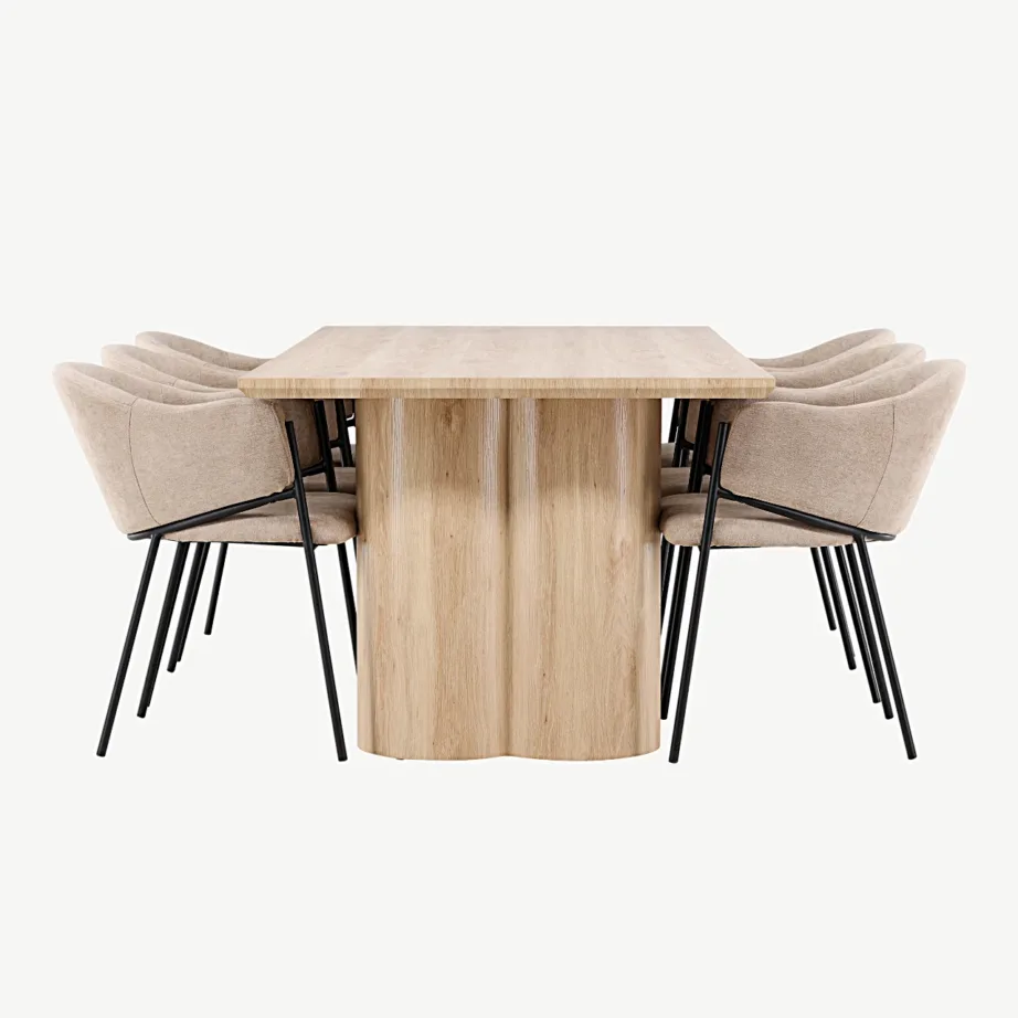 Olivia söögilaud (looduslik MDF) koos Evelina söögitoolidega (beež polüesterlinane, teraskarkass), GR24544 – 4