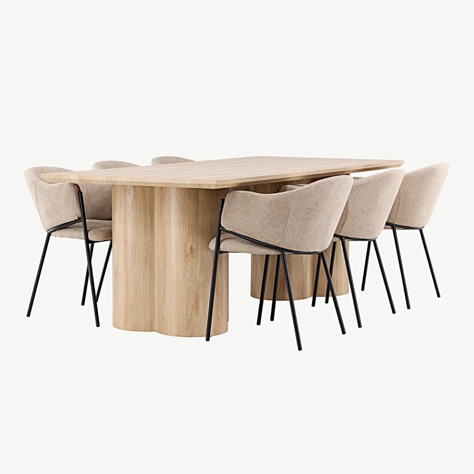 Olivia söögilaud (looduslik MDF) koos Evelina söögitoolidega (beež polüesterlinane, teraskarkass), GR24544 – 5