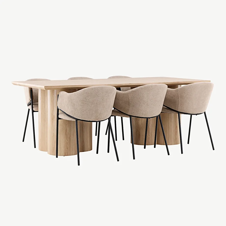 Olivia söögilaud (looduslik MDF) koos Evelina söögitoolidega (beež polüesterlinane, teraskarkass), GR24544 – 6