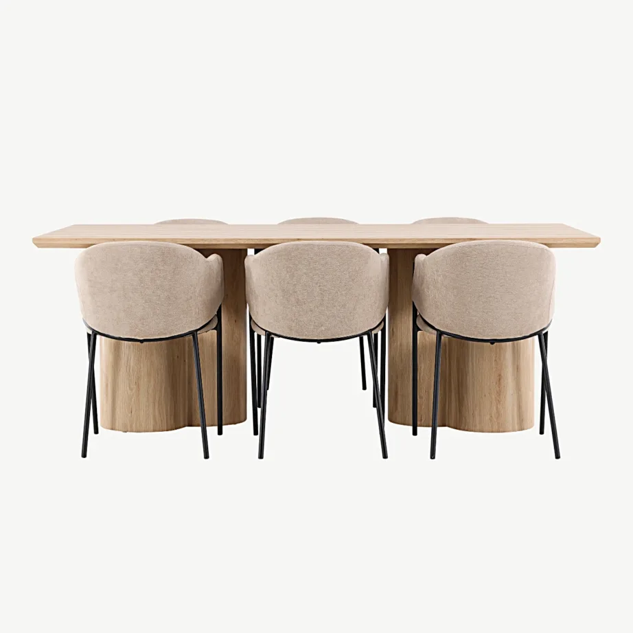 Olivia söögilaud (looduslik MDF) koos Evelina söögitoolidega (beež polüesterlinane, teraskarkass), GR24544 – 7