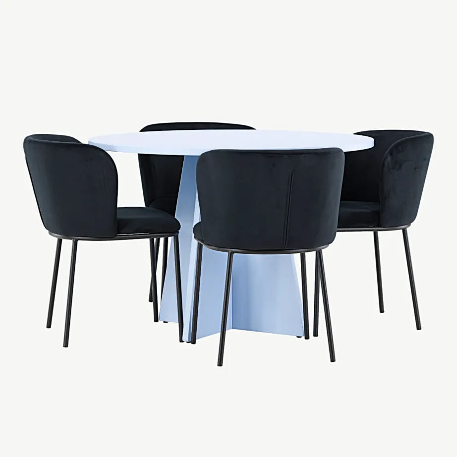 Ümmargune söögilaud Bootcut (helesinine) ja Edina toolid (must polüesterbuklee), GR24759