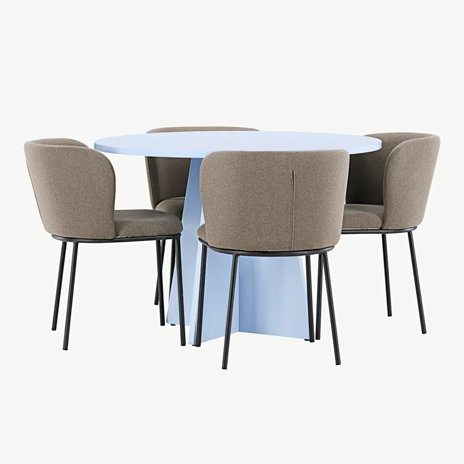 Ümmargune sinine söögilaud Bootcut ja pruunid polüesterlinast toolid Edina, GR24760 – 2
