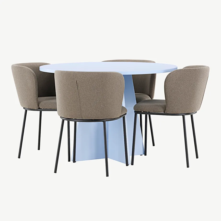 Ümmargune sinine söögilaud Bootcut ja pruunid polüesterlinast toolid Edina, GR24760 – 3