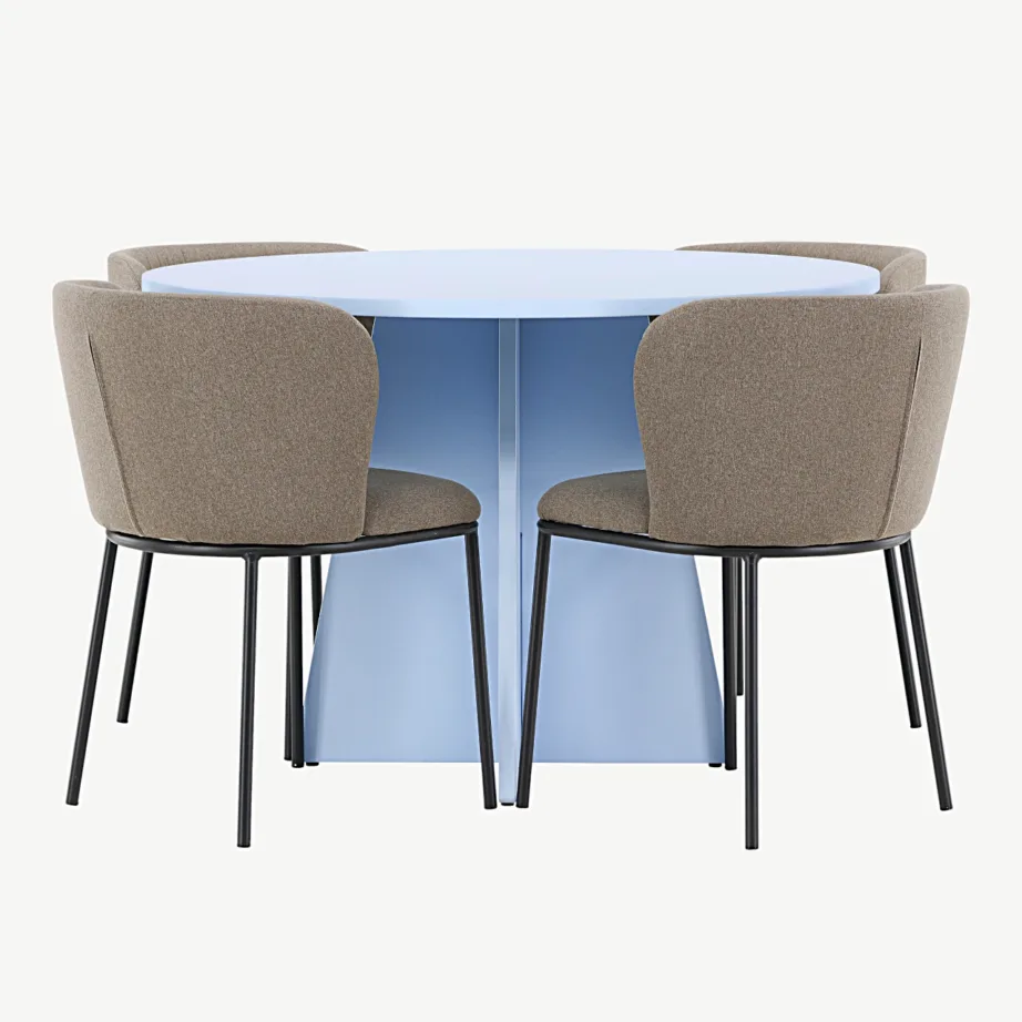 Ümmargune sinine söögilaud Bootcut ja pruunid polüesterlinast toolid Edina, GR24760 – 4