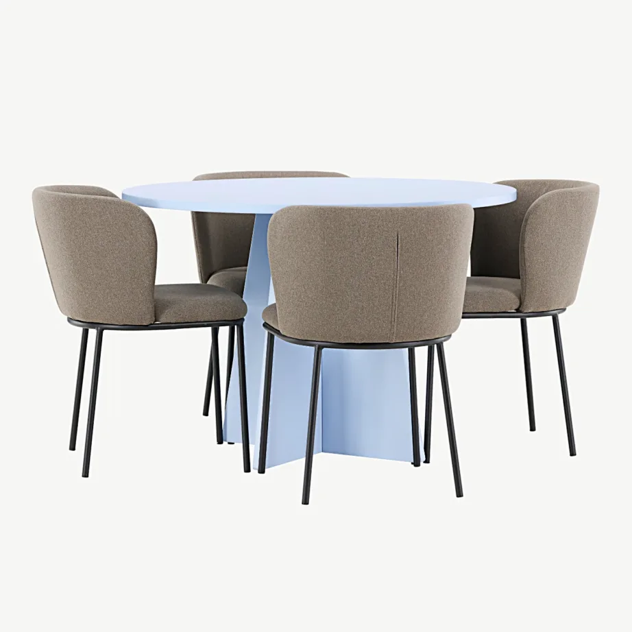 Ümmargune sinine söögilaud Bootcut ja pruunid polüesterlinast toolid Edina, GR24760 – 5