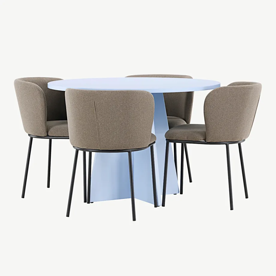 Ümmargune sinine söögilaud Bootcut ja pruunid polüesterlinast toolid Edina, GR24760 – 6