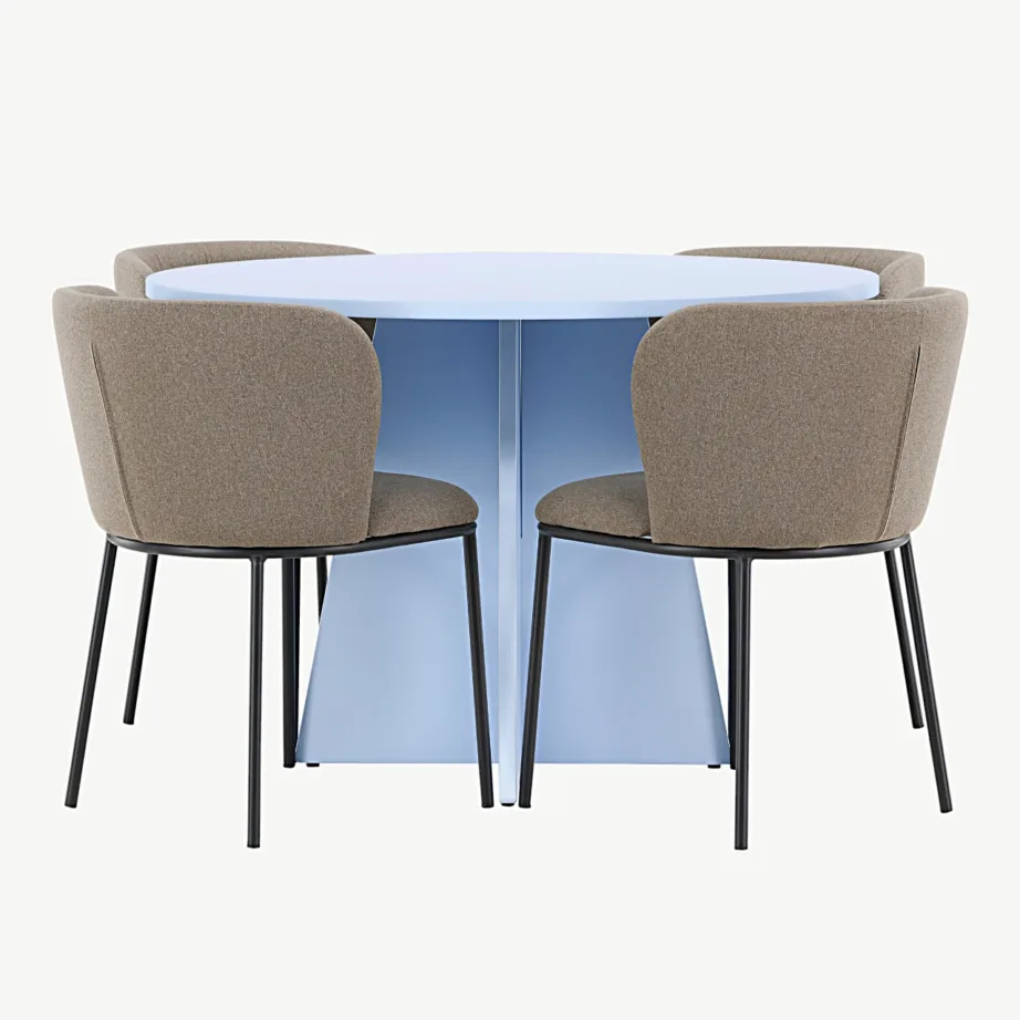 Ümmargune sinine söögilaud Bootcut ja pruunid polüesterlinast toolid Edina, GR24760 – 7