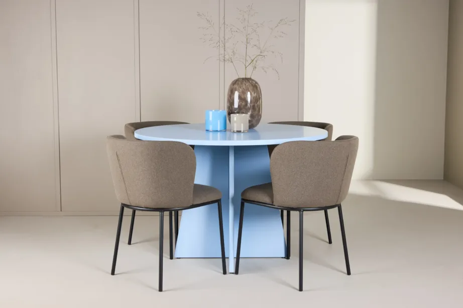 Ümmargune sinine söögilaud Bootcut ja pruunid polüesterlinast toolid Edina, GR24760 – 8