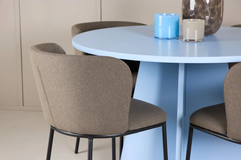 Ümmargune sinine söögilaud Bootcut ja pruunid polüesterlinast toolid Edina, GR24760 – 9