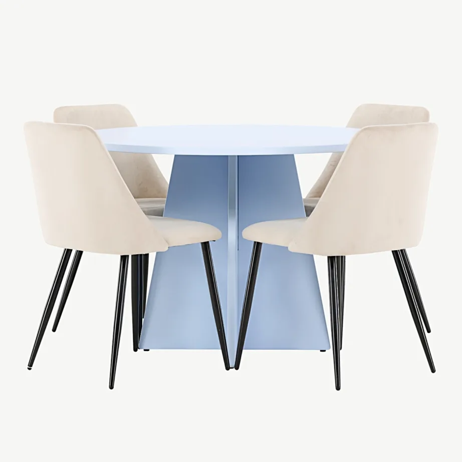 Ümmarguse laua komplekt Bootcut (beebisinine MDF) ja sametist söögitoolid Night (beež, mustad terasjalad), GR24761 – 2