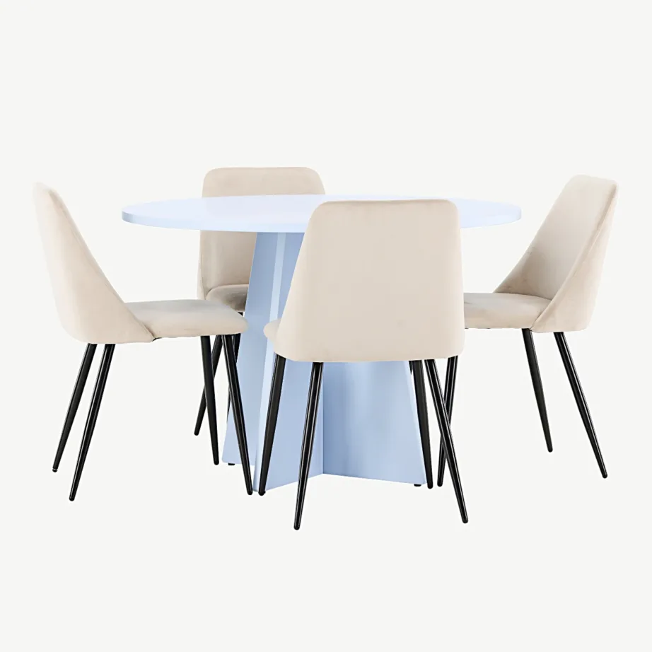 Ümmarguse laua komplekt Bootcut (beebisinine MDF) ja sametist söögitoolid Night (beež, mustad terasjalad), GR24761 – 3