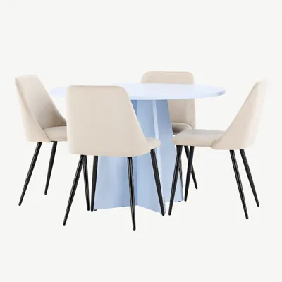 Ümmarguse laua komplekt Bootcut (beebisinine MDF) ja sametist söögitoolid Night (beež, mustad terasjalad) - GR24761