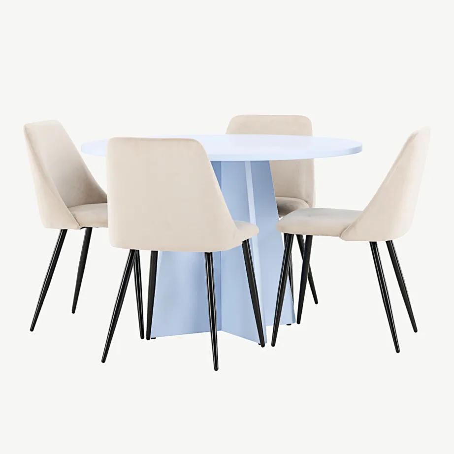 Ümmarguse laua komplekt Bootcut (beebisinine MDF) ja sametist söögitoolid Night (beež, mustad terasjalad), GR24761