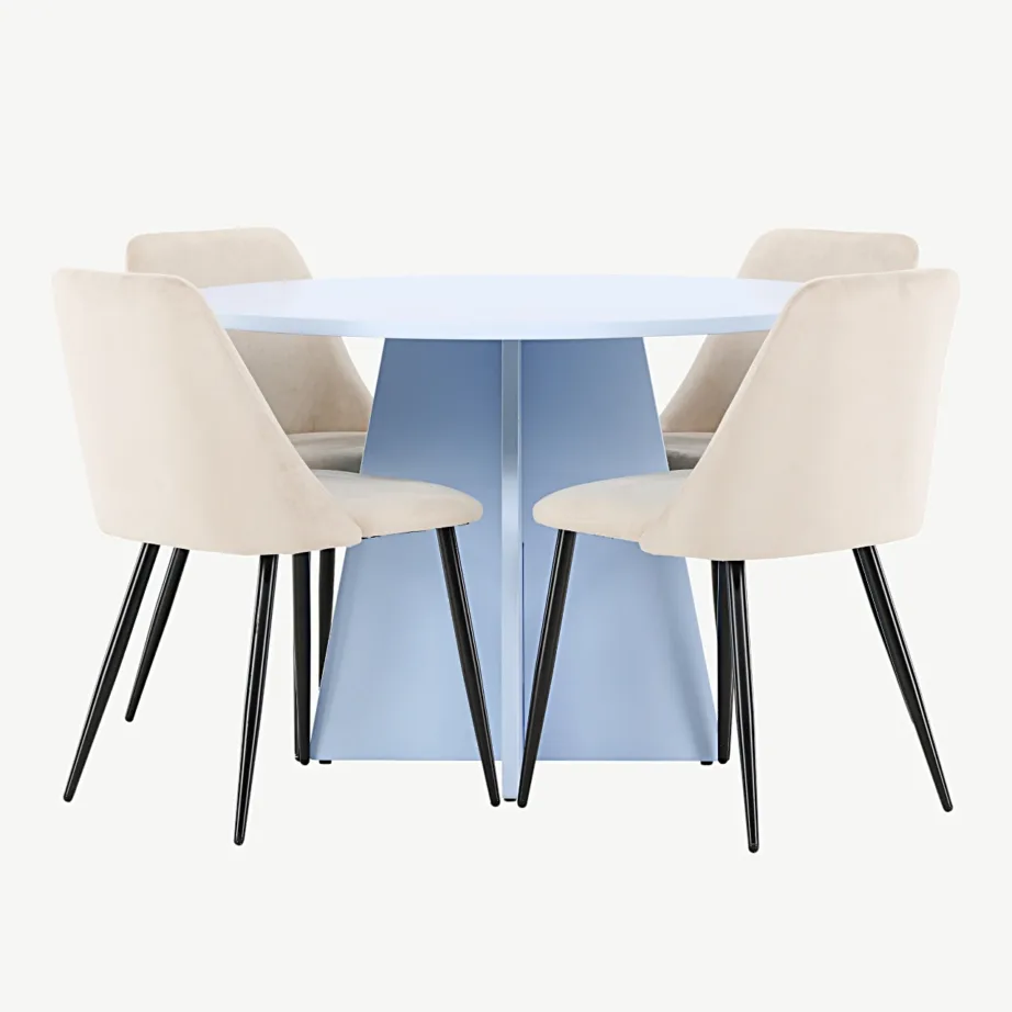 Ümmarguse laua komplekt Bootcut (beebisinine MDF) ja sametist söögitoolid Night (beež, mustad terasjalad), GR24761 – 4