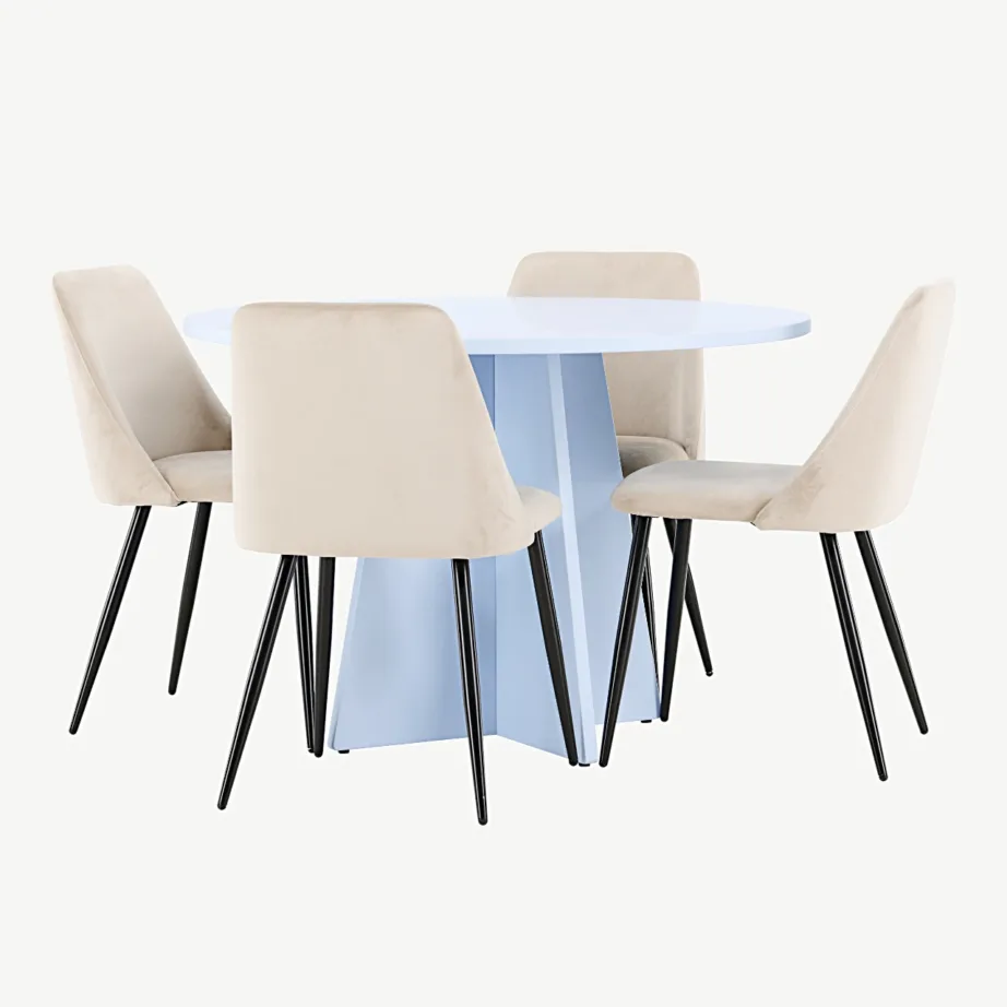 Ümmarguse laua komplekt Bootcut (beebisinine MDF) ja sametist söögitoolid Night (beež, mustad terasjalad), GR24761 – 6