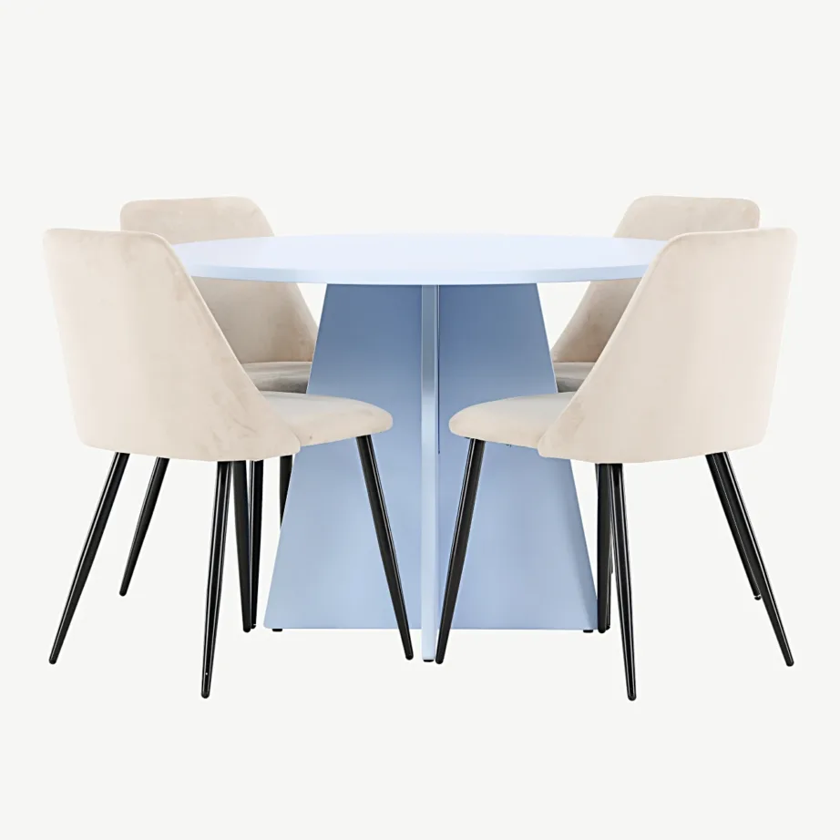 Ümmarguse laua komplekt Bootcut (beebisinine MDF) ja sametist söögitoolid Night (beež, mustad terasjalad), GR24761 – 7