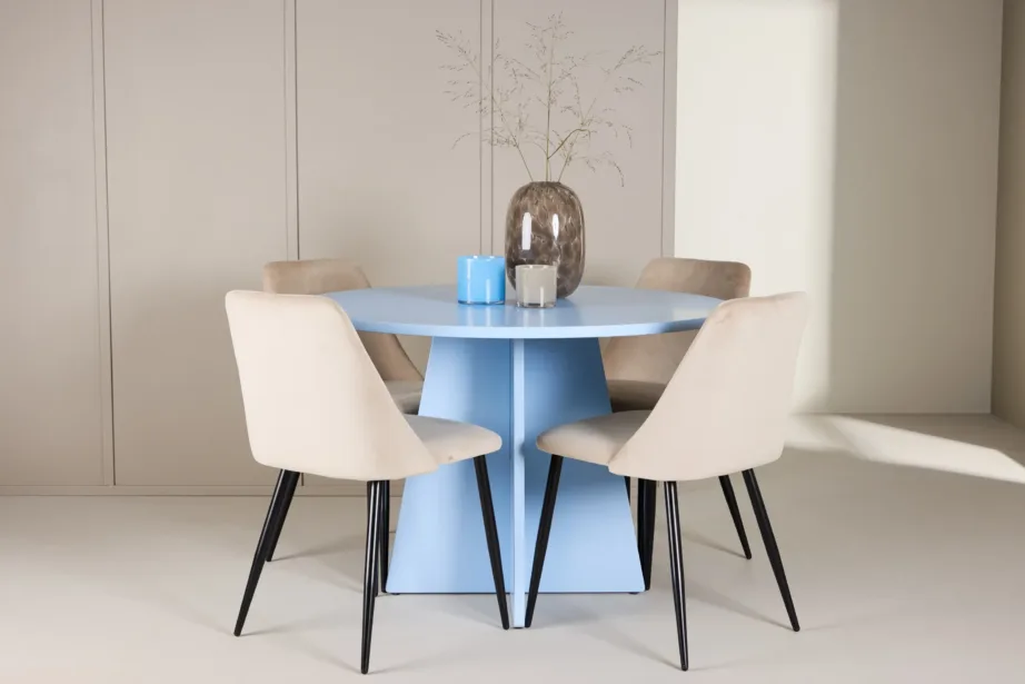 Ümmarguse laua komplekt Bootcut (beebisinine MDF) ja sametist söögitoolid Night (beež, mustad terasjalad), GR24761 – 8