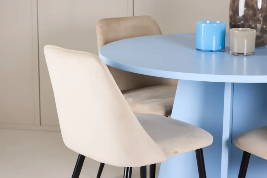 Ümmarguse laua komplekt Bootcut (beebisinine MDF) ja sametist söögitoolid Night (beež, mustad terasjalad), GR24761 – 9