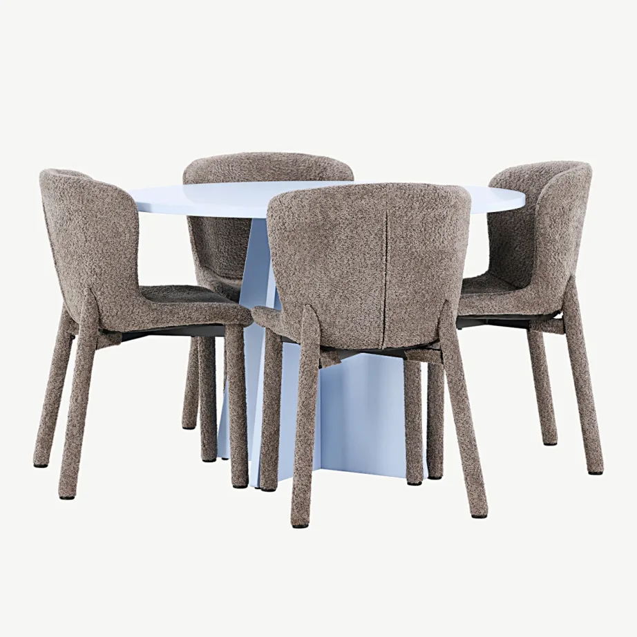 Ümmargune sinine MDF-söögilaud Bootcut ja pruunid buklee toolid Astoria, GR24762