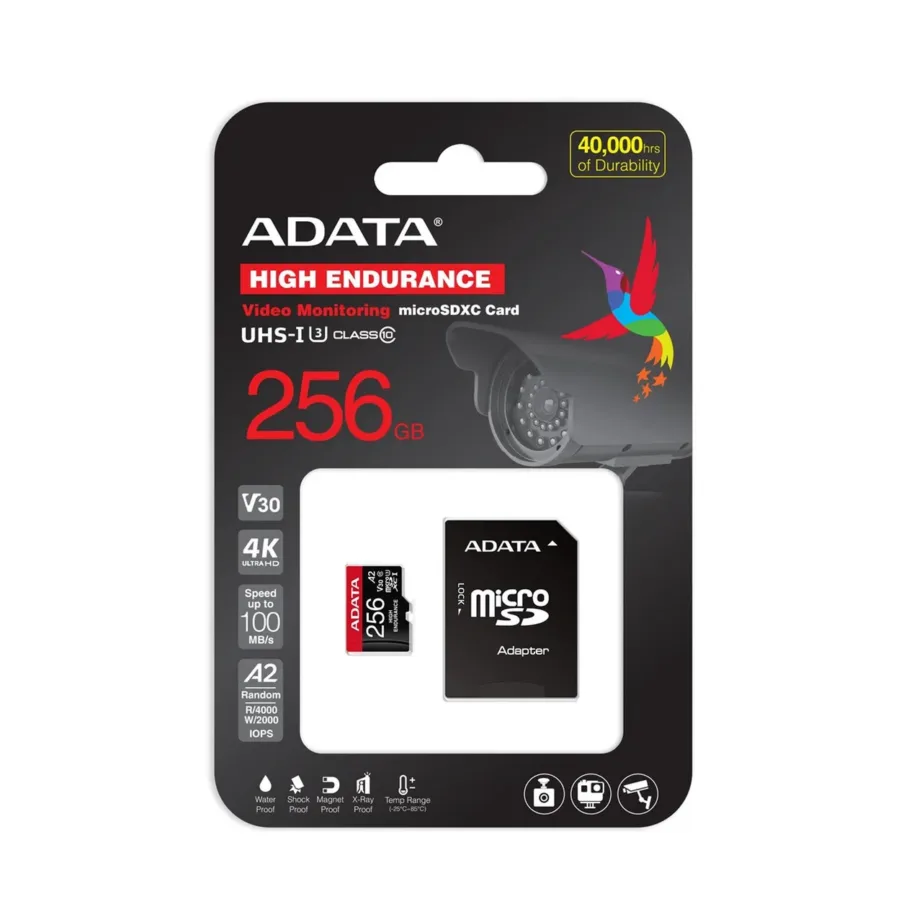 ADATA AUSDX256GUI3V30SHA2-RA1 256GB MicroSDXC UHS-I U3 V30 Class 10 mälukaart 100MB/s must/punane, veekindel, adapteriga – 5
