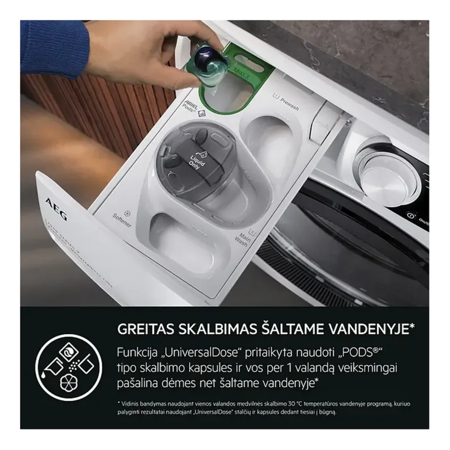 8 kg A-klassi esiküljeltlaetav pesumasin AEG LFR83844VE, 1400 p/min, PowerCare, UniversalDose kapslisahtel, auruprogramm, inverter-mootor, valge, 60 cm – 9