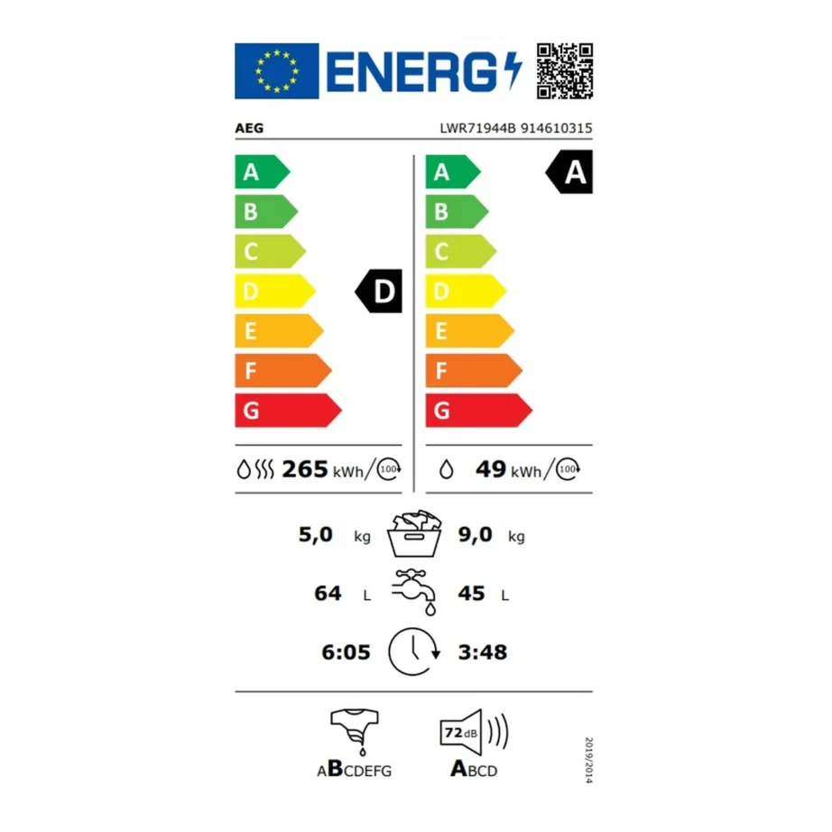 Kuivatiga pesumasin auruprogrammiga AEG LWR71944B, 9 kg pesu, 5 kg kuivatust, 1400 p/min, energiatõhusus A/D, inverter-mootor, 60 cm, valge – 6