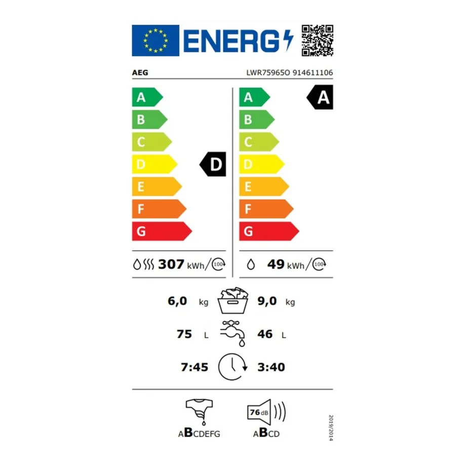 Kuivatiga pesumasin auruprogrammi ja Wi-Fi-ga AEG LWR75965O, vabaltseisev, 9 kg pesu / 6 kg kuivatust, 1600 p/min, energiklass A/D, invertermootor, UniversalDose sahtel, 60x85x66 cm – 6