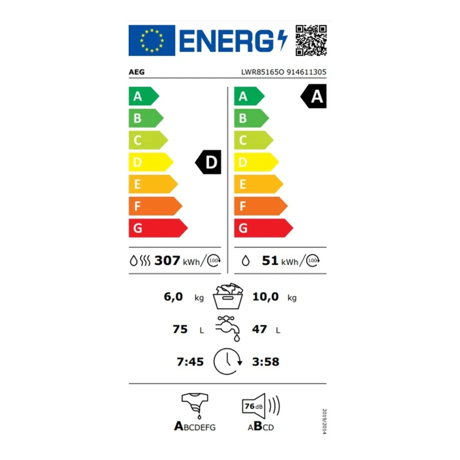 Kuivatiga pesumasin 10 kg/6 kg Wi-Fi ja auruprogrammiga AEG LWR85165O, 1600 p/min, A energiaklass pesemisel, inverter-mootor, UniversalDose kapslisahtel, vabaltseisev, valge, 60 cm – 6