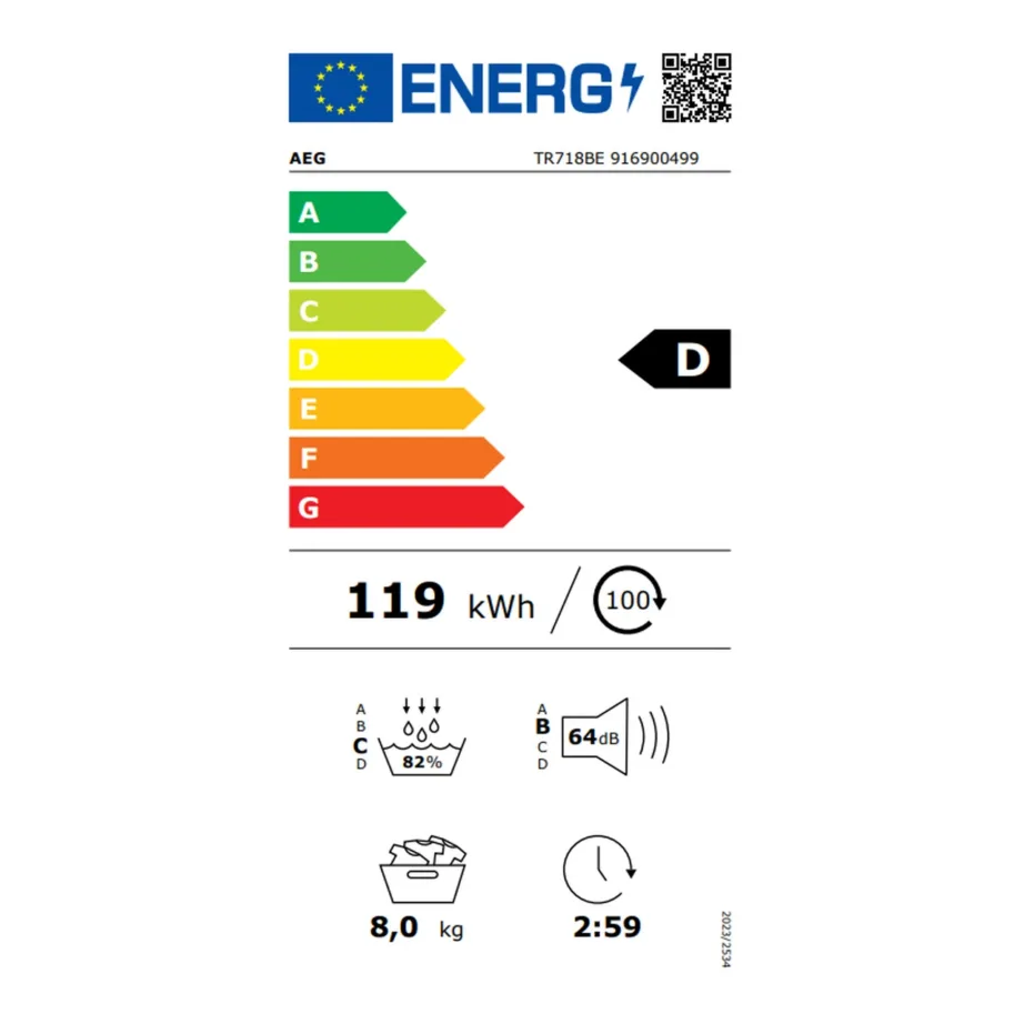 Soojuspumbaga kondentskuivati AEG TR718BE, 8 kg, vabaltseisev, valge, 60 cm, energiaklass D, 64 dB, inverter-mootor, SensiDry, MixDry, PreciseDry, Anticrease, EasyClean – 2