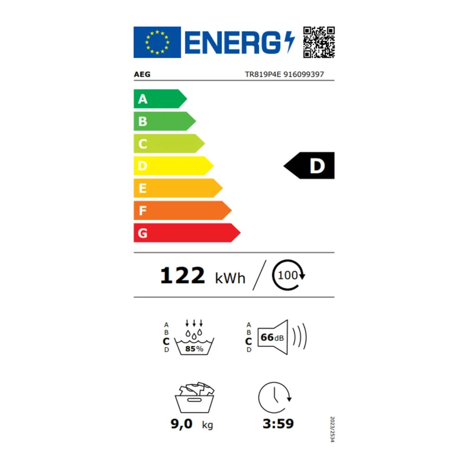 Soojuspumbaga kondensatsioonkuivati AEG TR819P4E, 9 kg, A++, D-kl, AbsoluteCare, MixDry, SensiDry, Hygiene programm, inverter-mootor, 66 dB, valge, 60×66.3×85 cm – 4