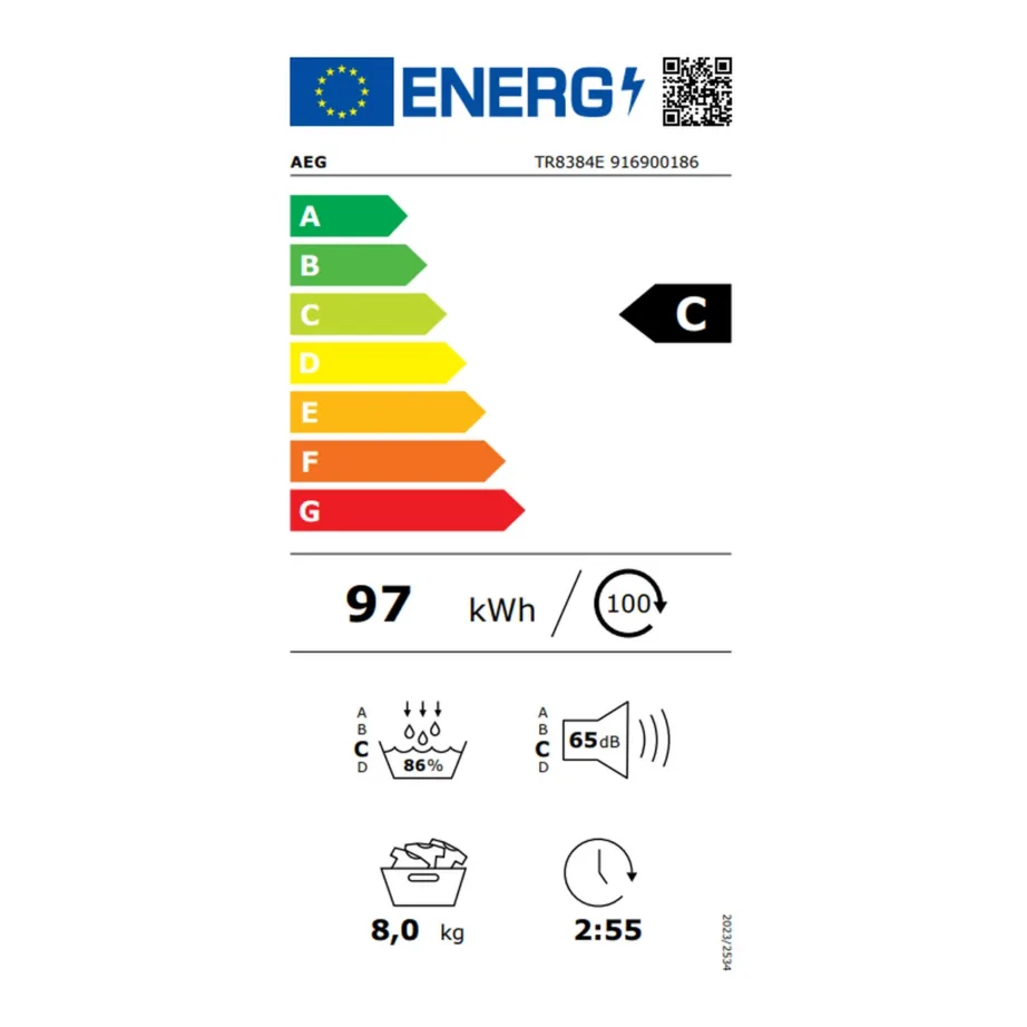 Soojuspumbaga kondentskuivati AEG TR8384E, 8 kg, A+++ energia, AbsoluteCare villale ja siidile, MixDry puuvillale ja sünteetikale, Hygiene tsükkel, valge, vabaltseisev, 60 cm – 3