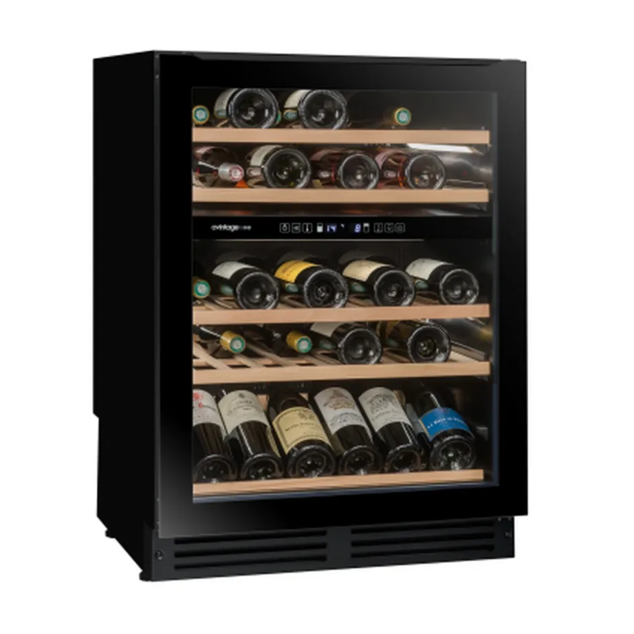 Integreeritav kahetsooniline veinikülmik Avintage AVU51D82, 44 pudelit, 60 cm, must, elektrooniline juhtimine, LED-valgustus, vibratsioonivastane süsteem, esiventilatsioon, 37 dB