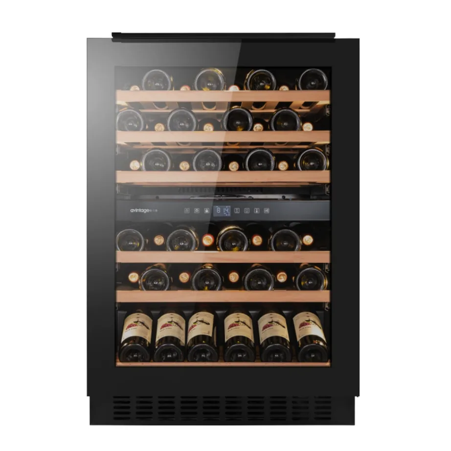 Kahe tsooniga integreeritav veinikülmik Wi-Fi ja LED-valgustusega Avintage AVU61D88, 46 pudelit, 5–20 °C, 60 cm, 6 puidust teleskoopsiinidel riiulit, 37 dB, must