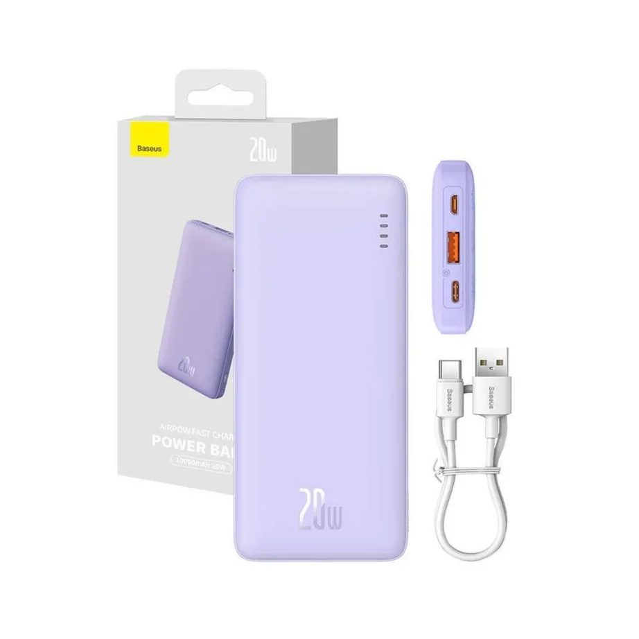 Baseus Airpow P10022801513-00 10000mAh 20W lilla liitium-polümeer akupank USB-C/USB-A LED-indikaatoriga, mobiilidele ja tahvelarvutitele – 9