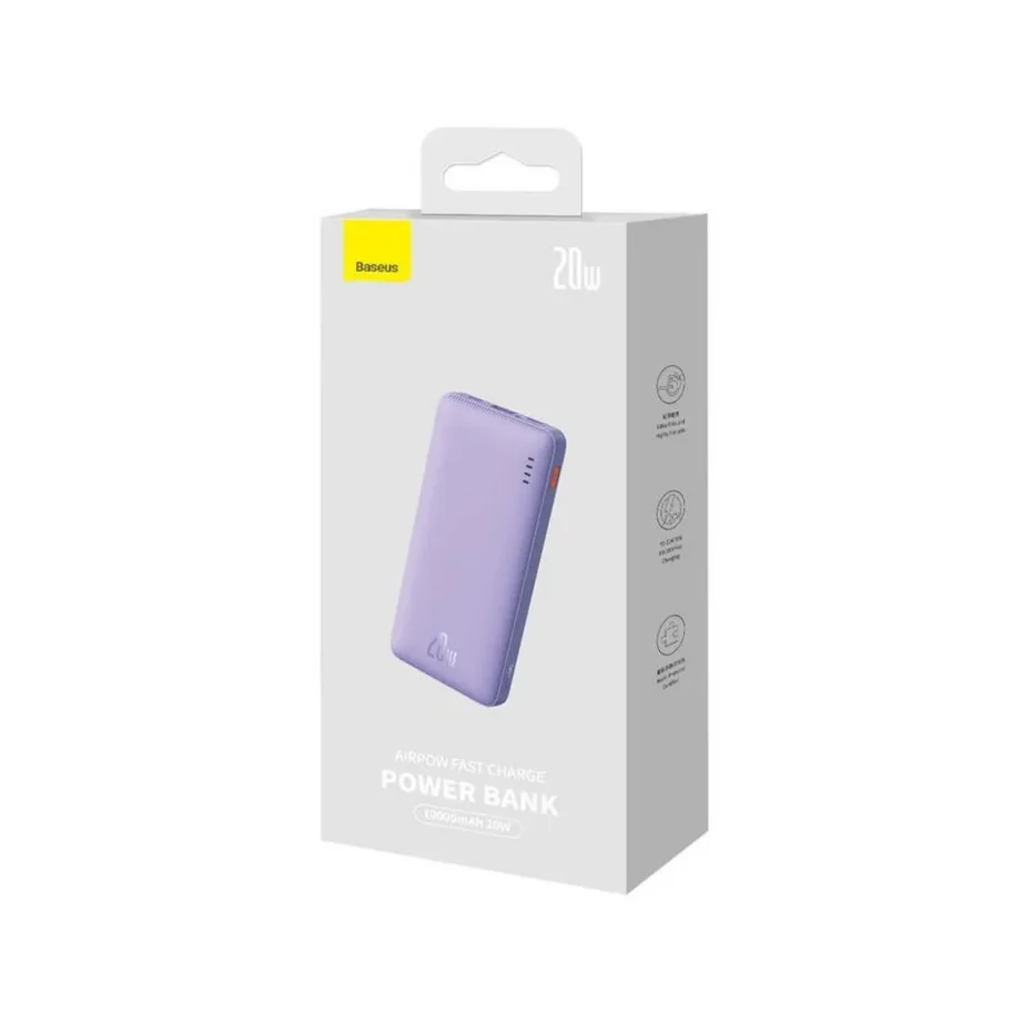 Baseus Airpow P10022801513-00 10000mAh 20W lilla liitium-polümeer akupank USB-C/USB-A LED-indikaatoriga, mobiilidele ja tahvelarvutitele – 10