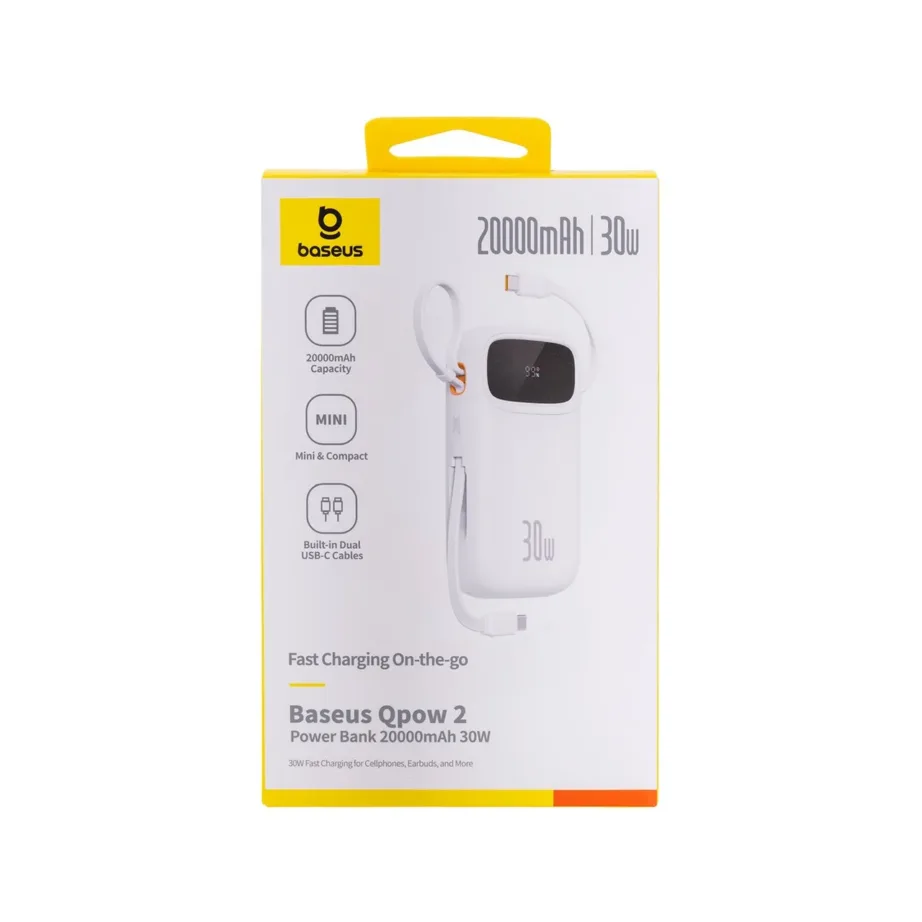 Baseus QPow2 20000mAh 30W valge LiPo akupank 4 seadme laadimiseks, USB-C/USB-A, kiirlaadimise ja LED-ekraaniga – 4