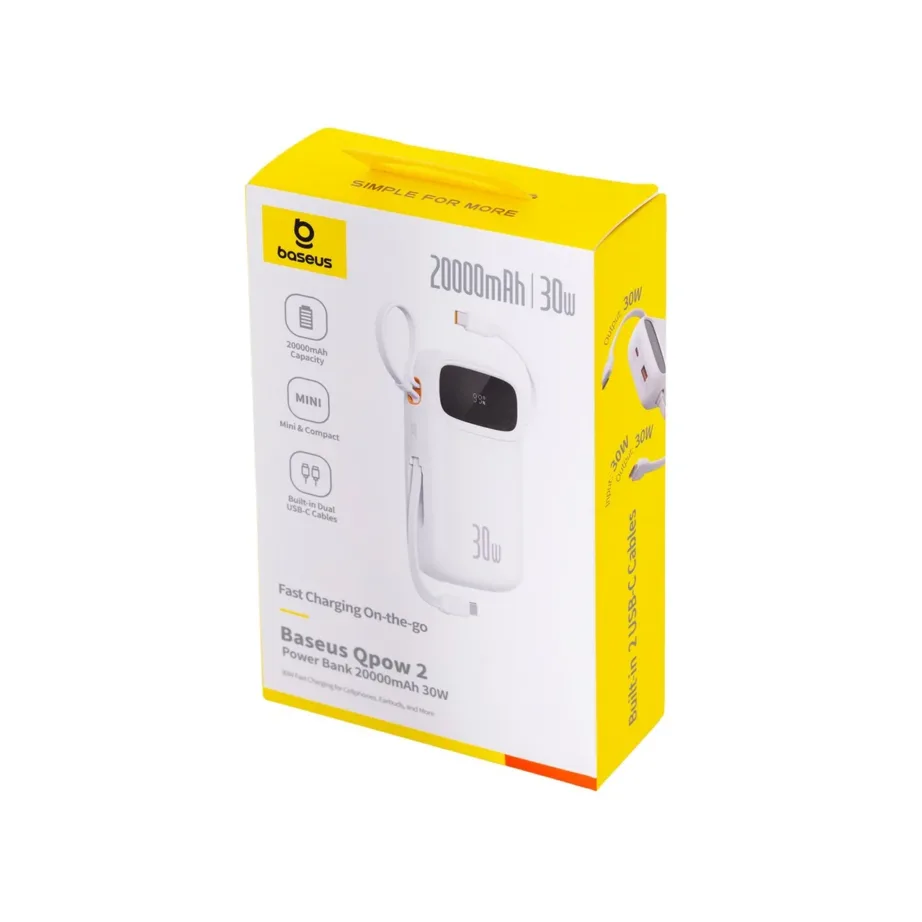 Baseus QPow2 20000mAh 30W valge LiPo akupank 4 seadme laadimiseks, USB-C/USB-A, kiirlaadimise ja LED-ekraaniga – 10