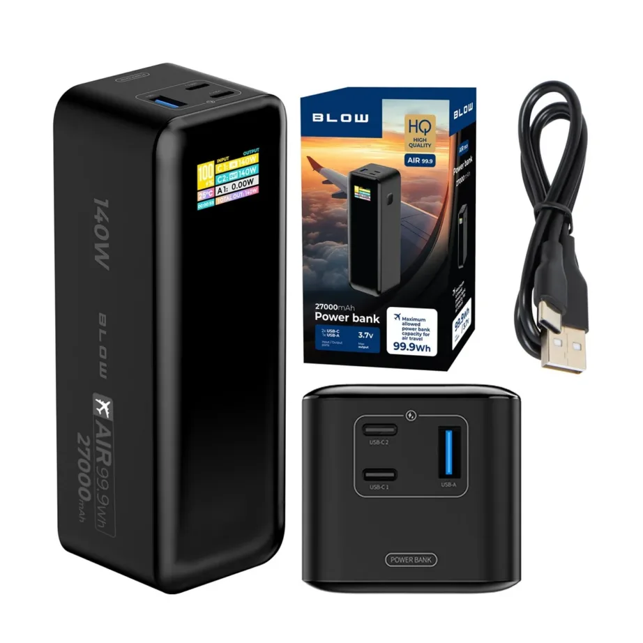 BLOW AIR99.9 27000mAh 140W LCD must polümeerakuga powerbank, 2x USB-C ja USB-A, 3 seadme laadimiseks – 2