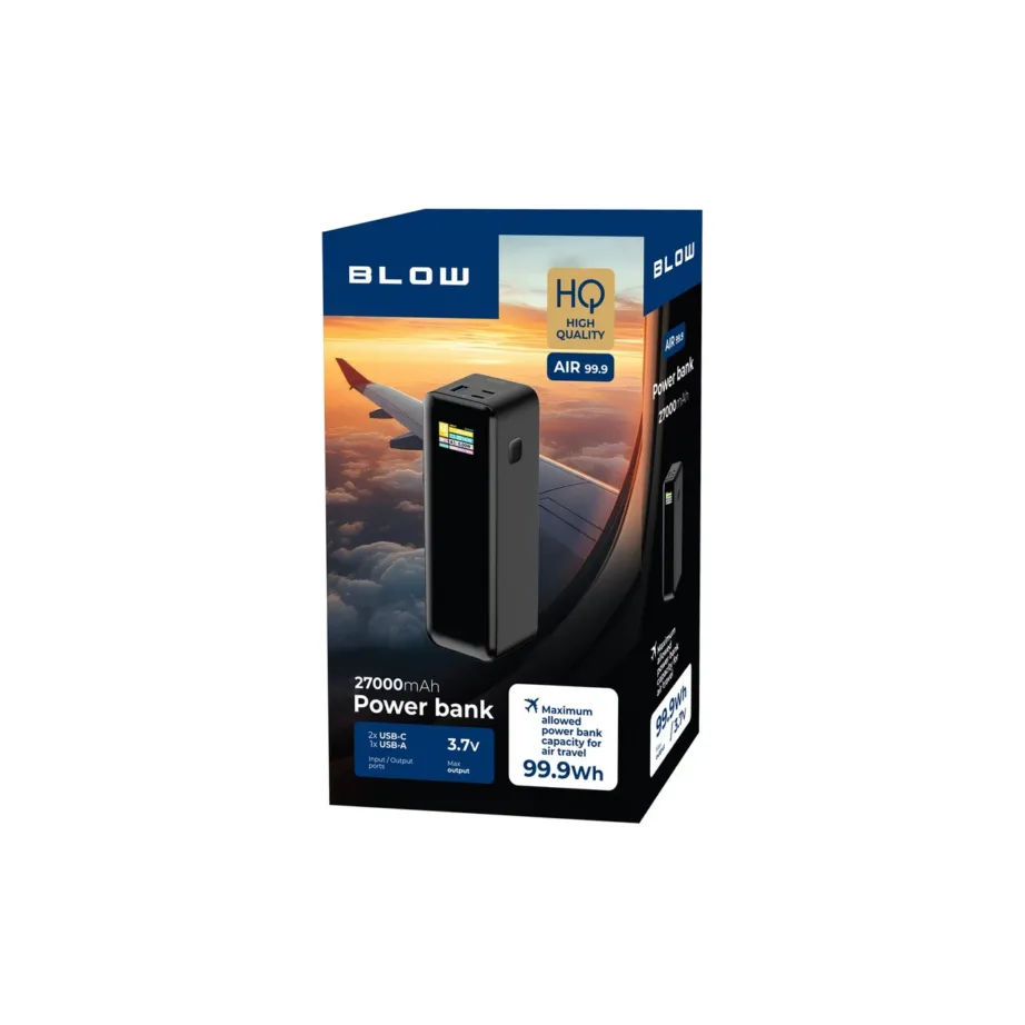 BLOW AIR99.9 27000mAh 140W LCD must polümeerakuga powerbank, 2x USB-C ja USB-A, 3 seadme laadimiseks – 3